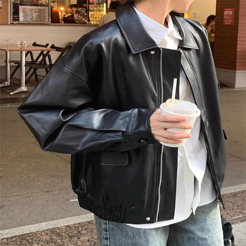 Women's Fashion Leather Jacket with Oversized Sleeves and Elastic Hem Lisslune