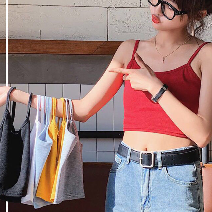 Women's cropped top with thin straps and elastic cut