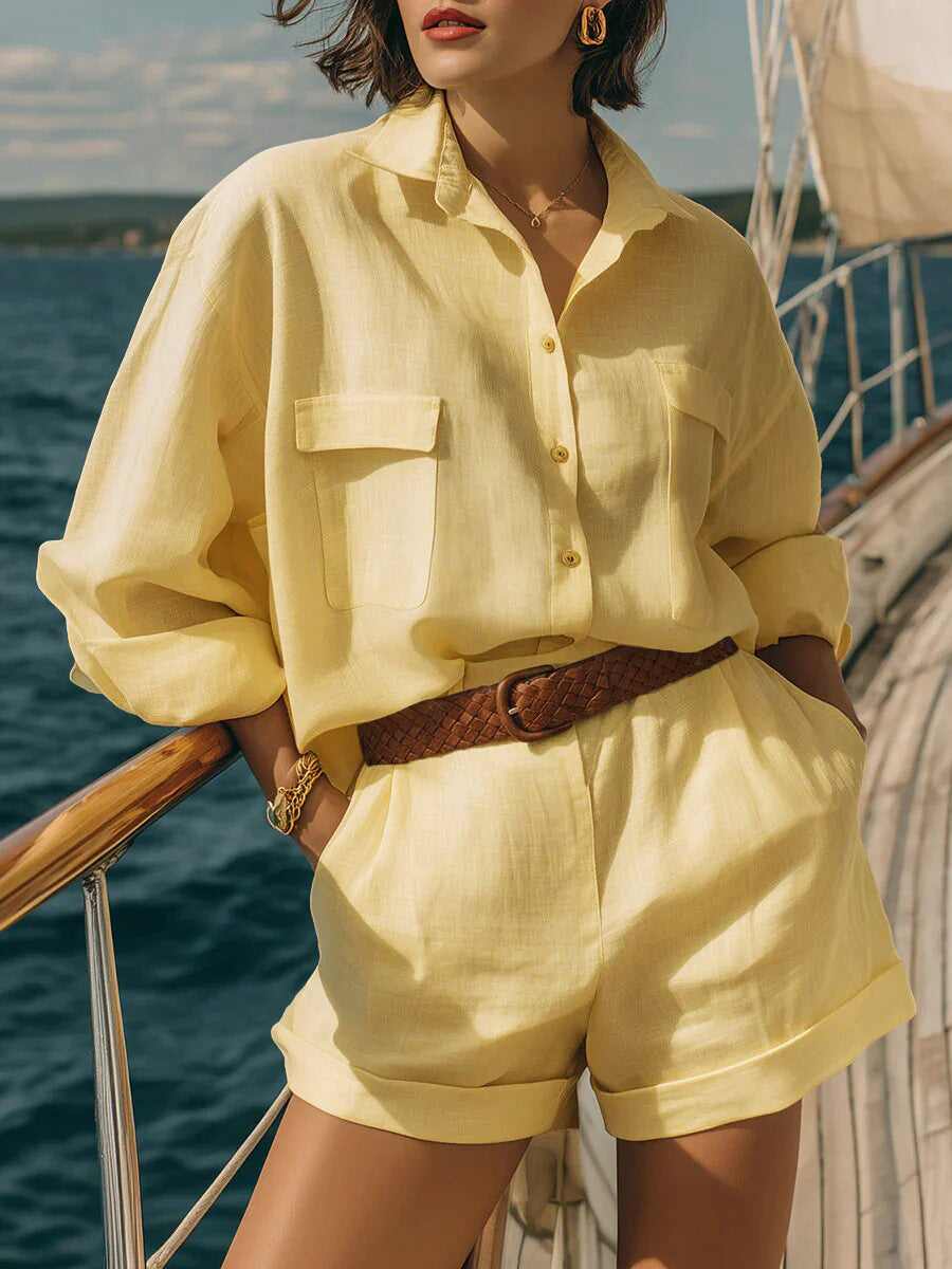 Women's Airy Short Sleeve Shirt and Shorts Set Lisslune