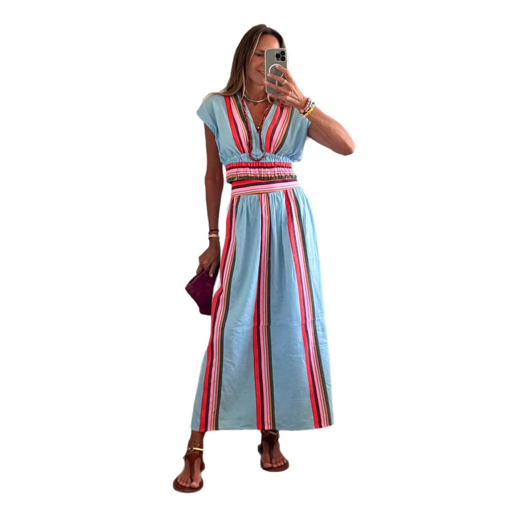 Ladies Beach Maxi Dress with Elastic Waistband and Colorful Striped Pattern Lune London