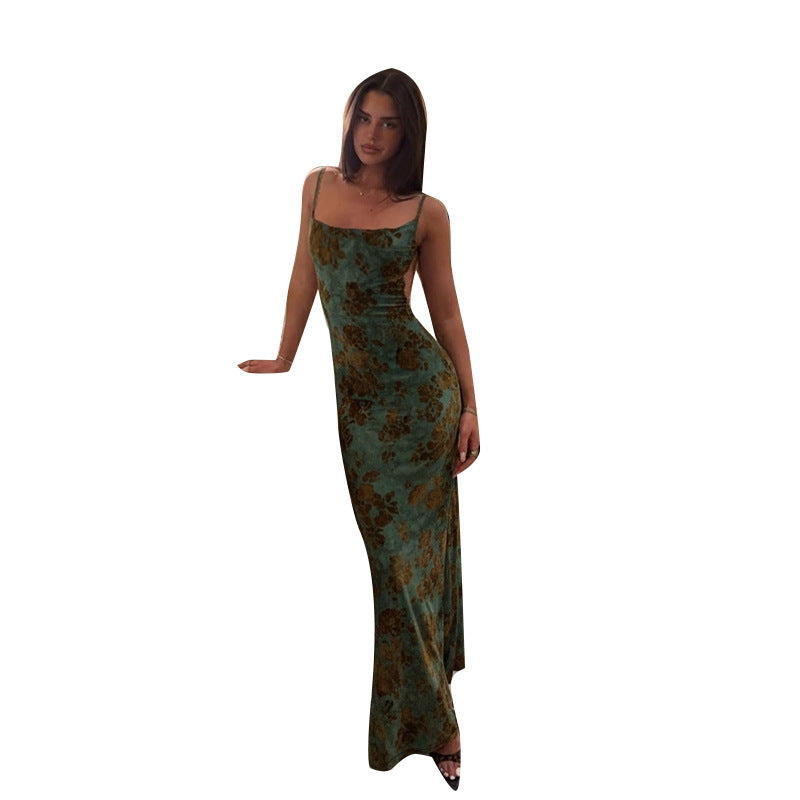Women's elegant maxi dress with deep back neckline and floral pattern