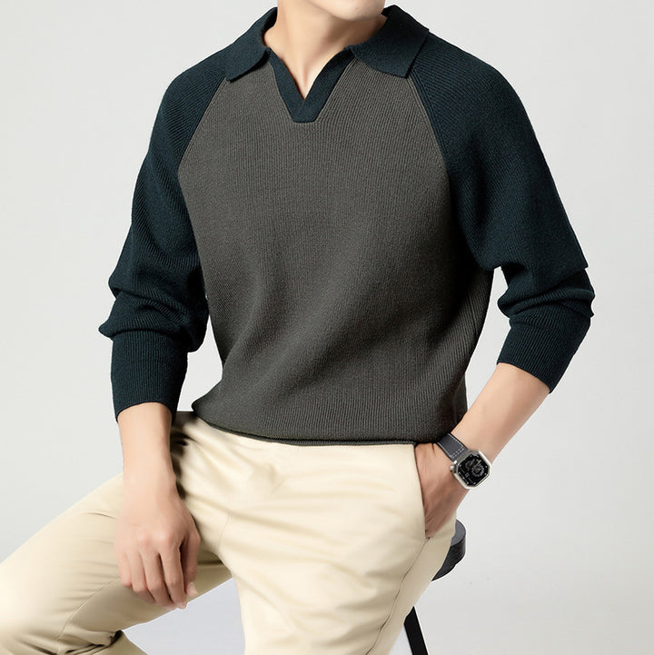 Men's Knitted Pullover with Sporty Collar Shape and Raglan Sleeves Lisslune