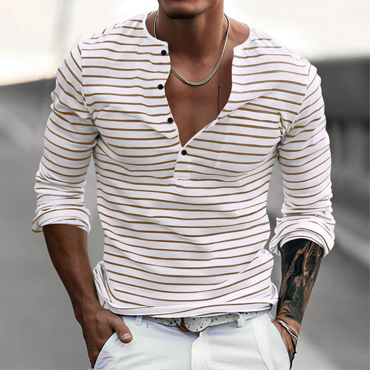 Men's Casual Long Sleeve Shirt with Subtle Stripe Pattern and Button Placket Lisslune