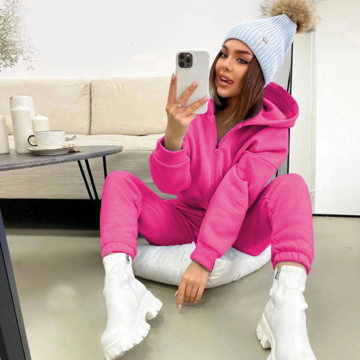 Women's sporty fleece jumpsuit with hood and zipper Lisslune