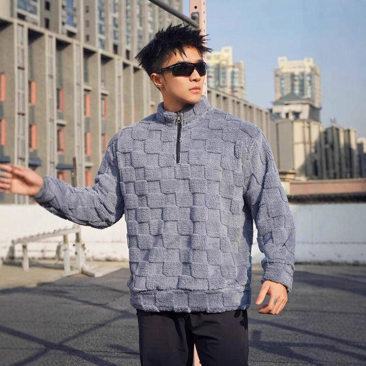 Men's fleece pullover with textured surface structure and standing collar Lisslune