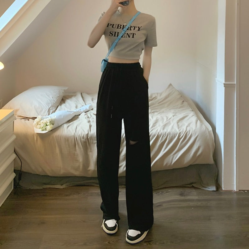 Women's casual wide-cut sweatpants with fashionable cut-out and elastic waistband