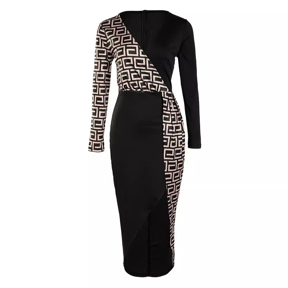 Women's fitted wrap dress with graphic pattern and high slit
