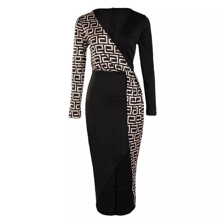 Women's fitted wrap dress with graphic pattern and high slit