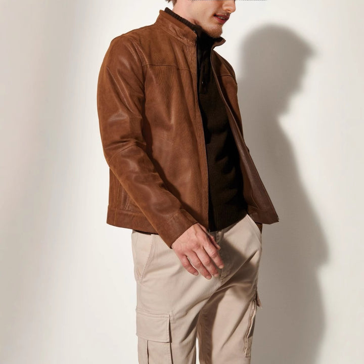 Men's leather jacket in a modern cut with textured outer material Lisslune
