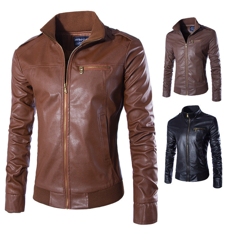 Men's fashionable synthetic leather jacket with zipper and fixed collar Lisslune