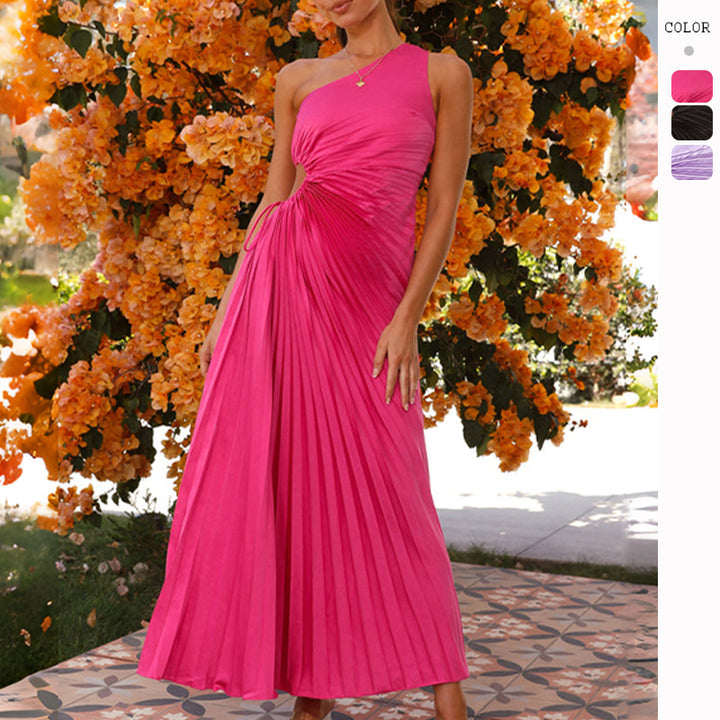Ladies Pleated Maxi Dress with Asymmetric Neckline and Side Cut-Out Lisslune