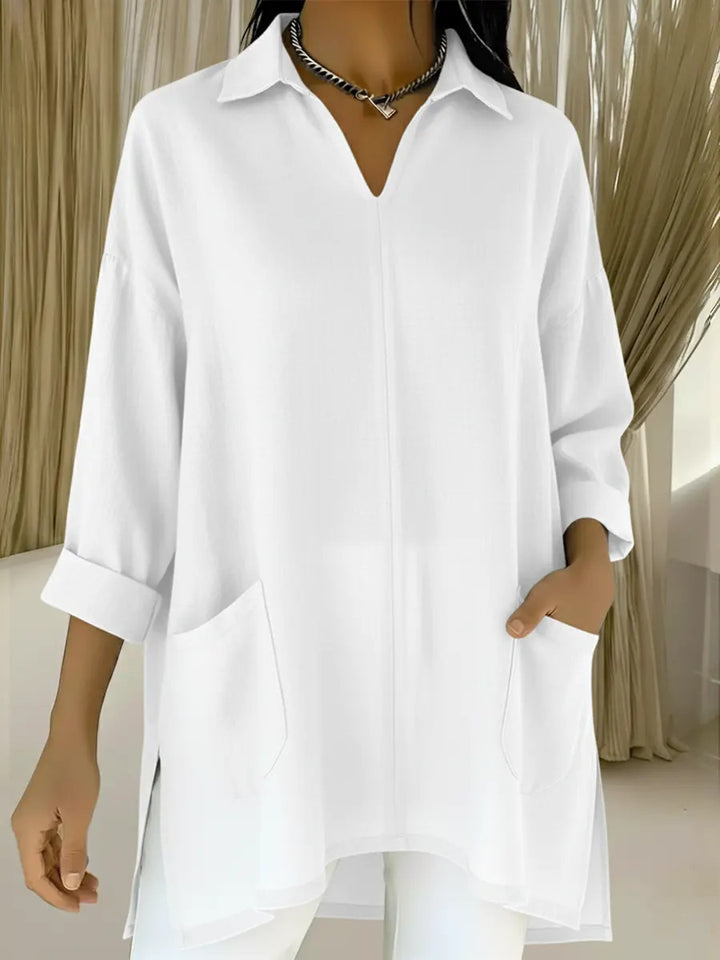 Women’s long sleeve blouse with elegant V-neck and practical pockets Lisslune