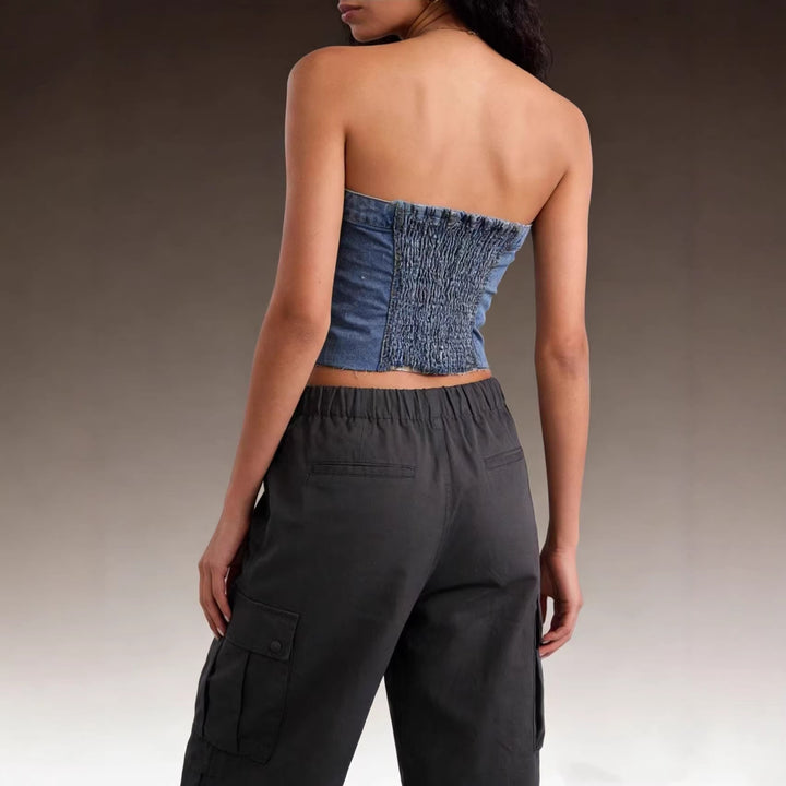 Women's Denim Bustier Top with Button Detail and Fringes Lisslune