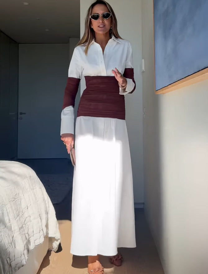 Ladies maxi dress with innovative wrap design and modern contrast details Lune London