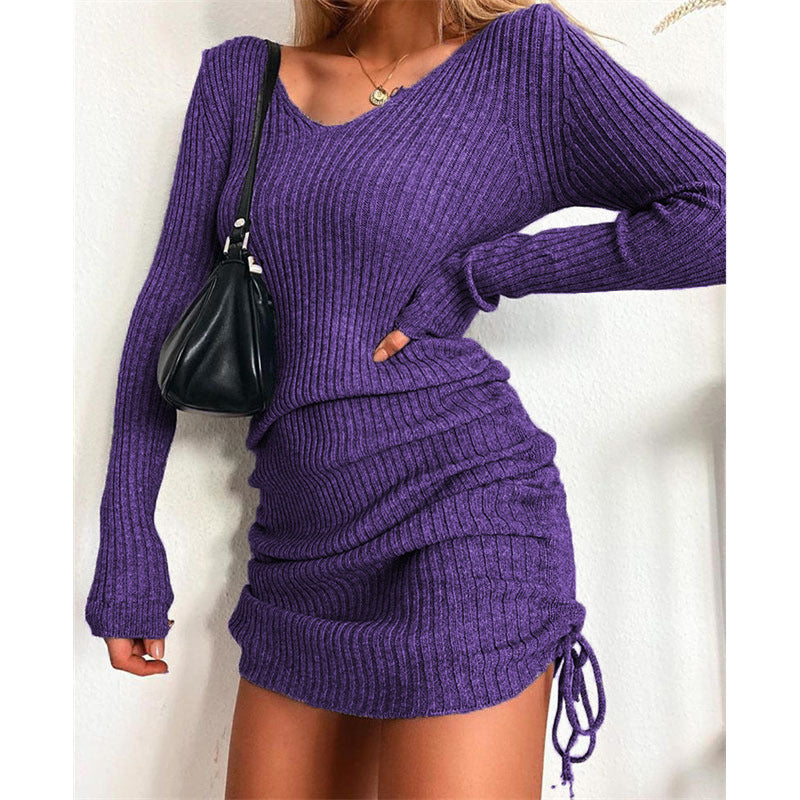 Damen Strick Mini-Kleid mit Raffung und V-Ausschnitt Lisslune