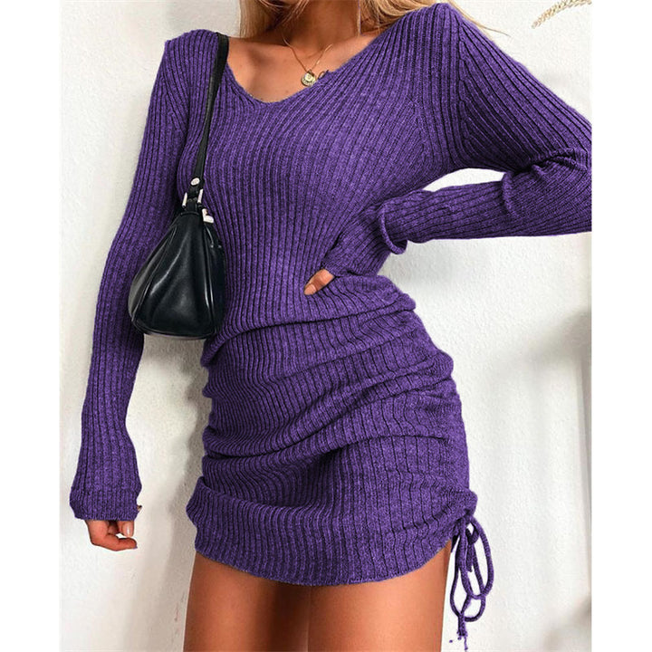 Damen Strick Mini-Kleid mit Raffung und V-Ausschnitt Lisslune
