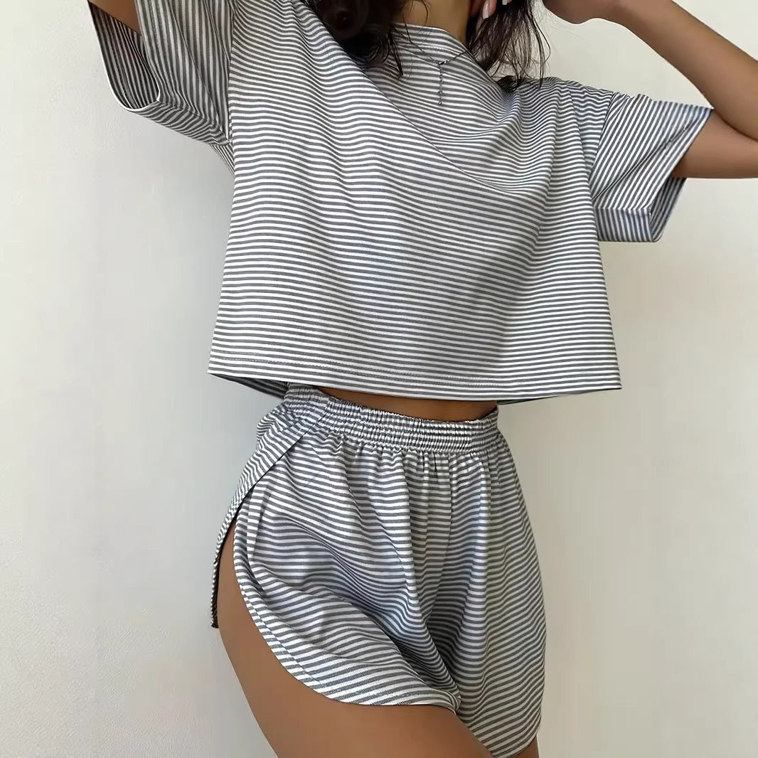 Women’s Casual Striped Set with High-Cut Design and Elastic Waistband Lisslune