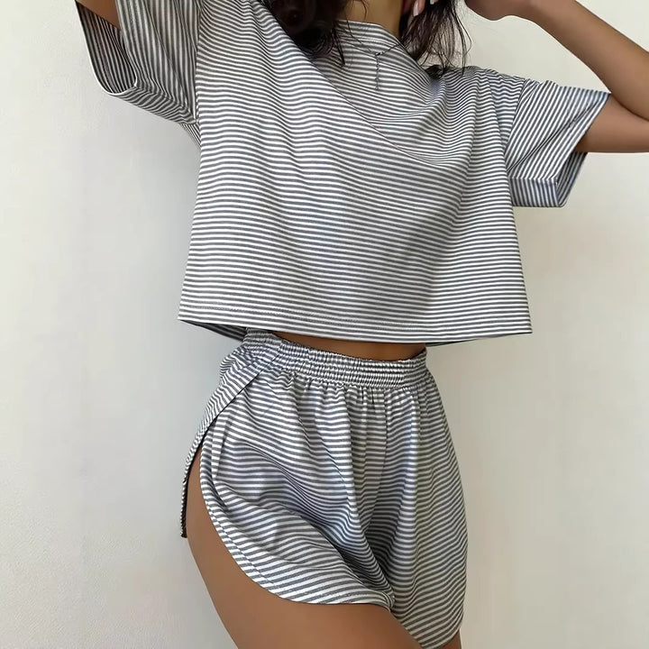 Women’s Casual Striped Set with High-Cut Design and Elastic Waistband Lisslune