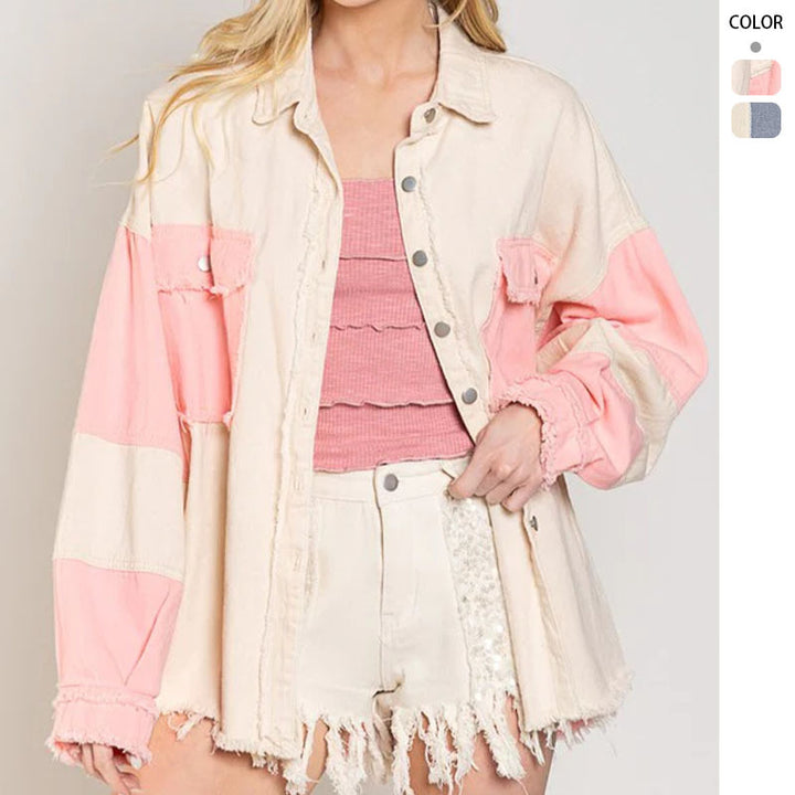 Women's Oversized Denim Jacket with Unique Color Blocks and Fringed Details Lisslune