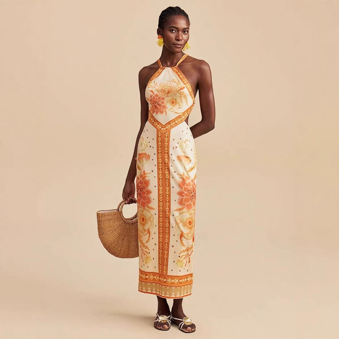 Women's maxi dress with exclusive halter design and floral print