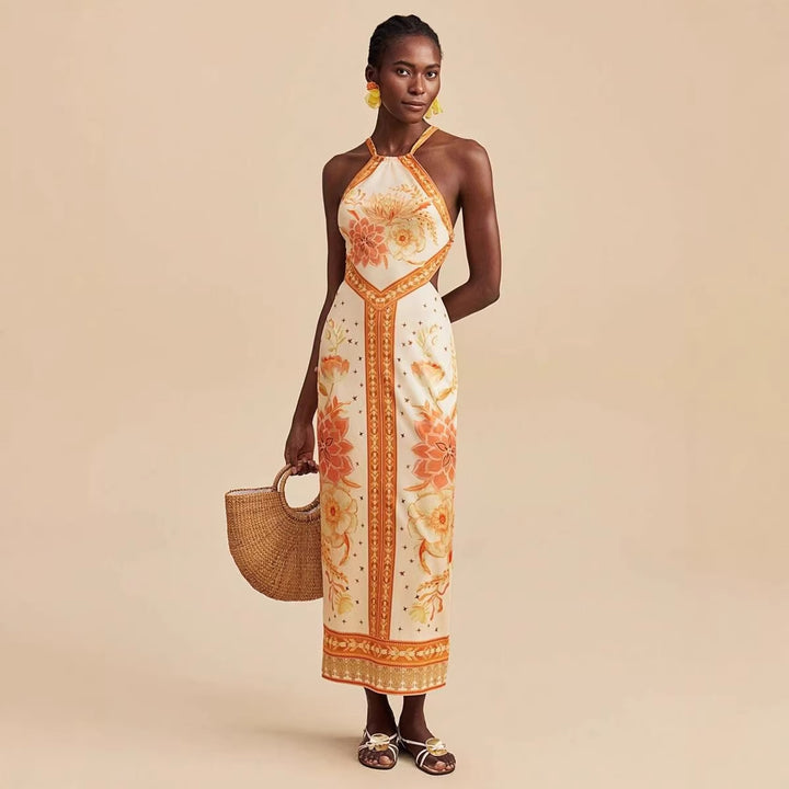 Women's maxi dress with exclusive halter design and floral print