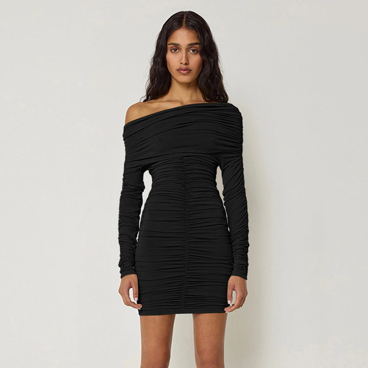 Damen Figurbetontes Off-Shoulder Kleid mit Raffung und langen Ärmeln Lisslune