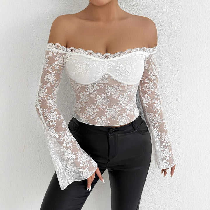 Damen Spitzenoberteil mit schulterfreiem Design und eleganten Trompetenärmeln Lisslune