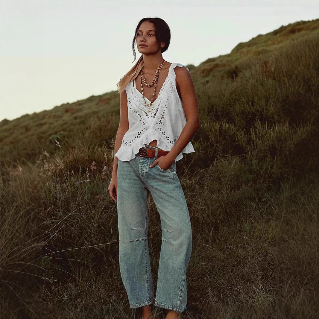 Women's airy linen crop top with ruffles Lisslune