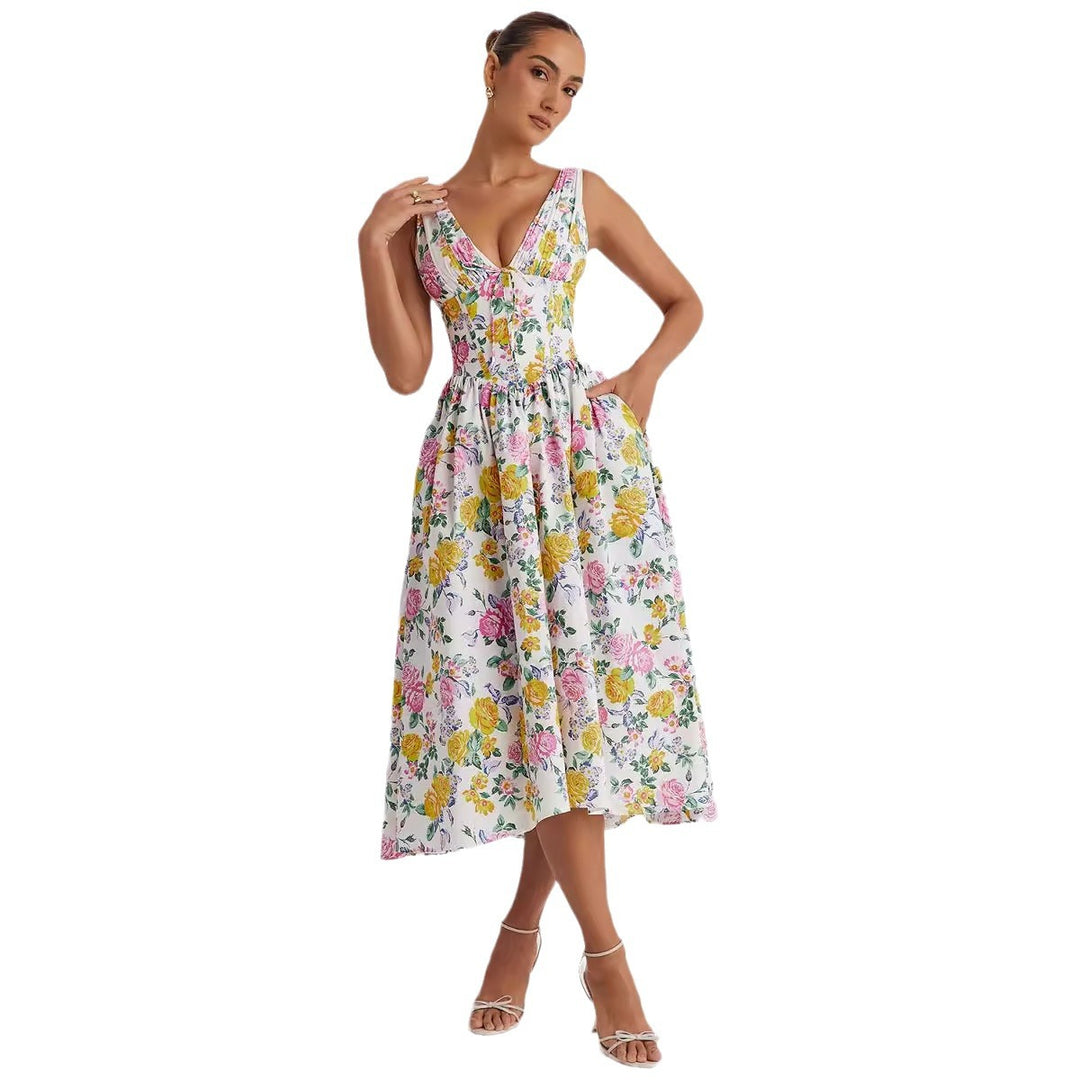 Ladies midi dress with floral accents and fitted top