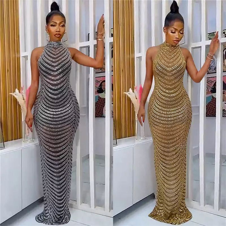Ladies Glamorous Sequin Maxi Dress with Fitted Cut and Chic Back Cutout