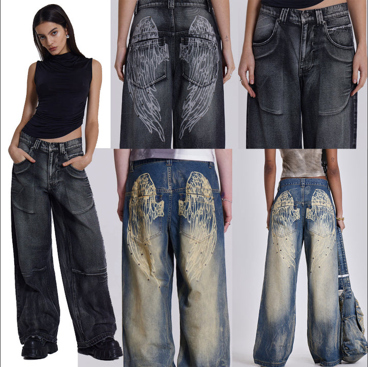 Damen weite Jeans mit kunstvollem Flügel-Design und einzigartigen Details Lisslune