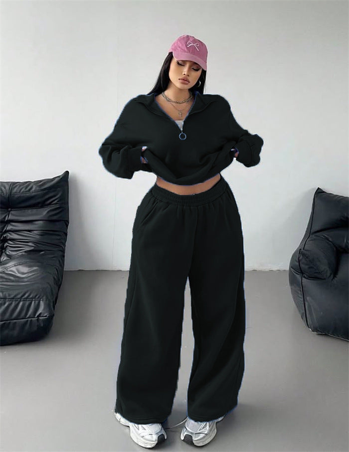 Women's sporty fleece loungewear set with high collar and loose fit Lisslune