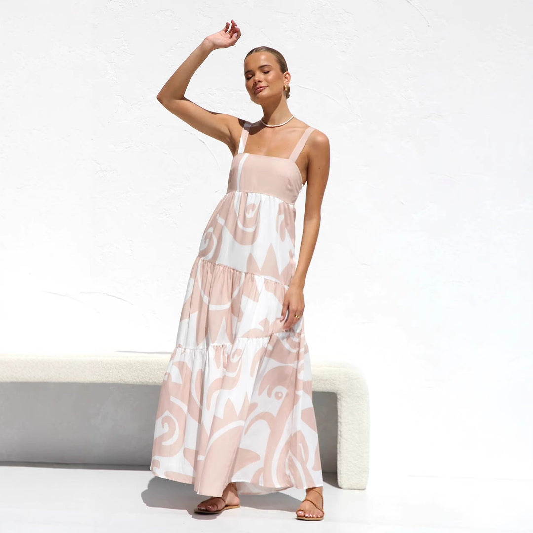 Ladies maxi dress with modern graphic pattern and airy ruffles
