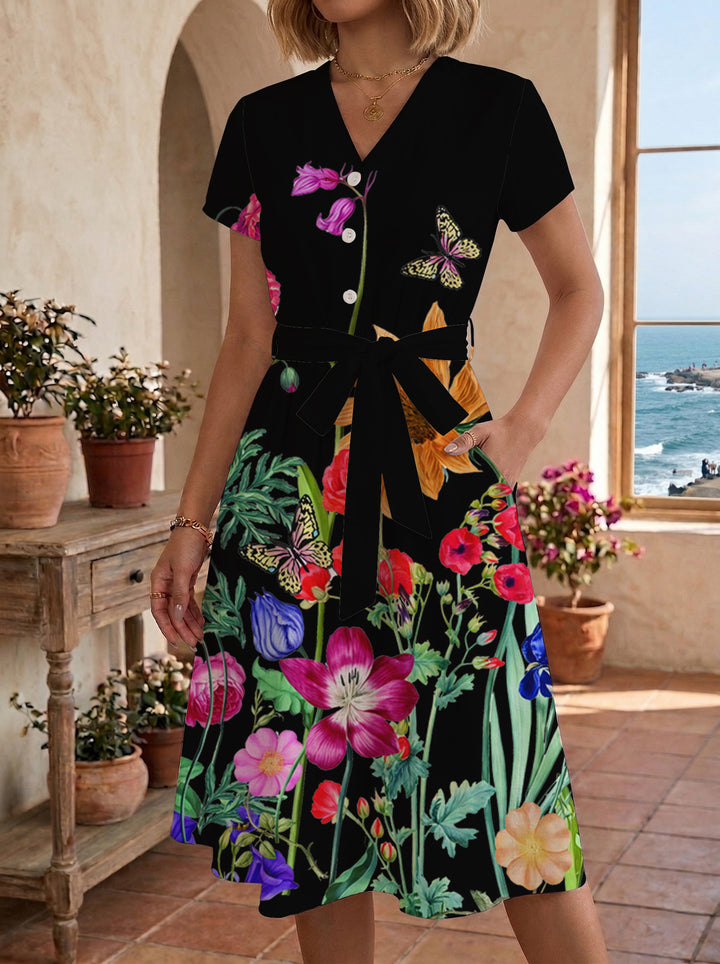 Women's Blooming Midi Dress with Adjustable Belt and Artistic Print Lisslune
