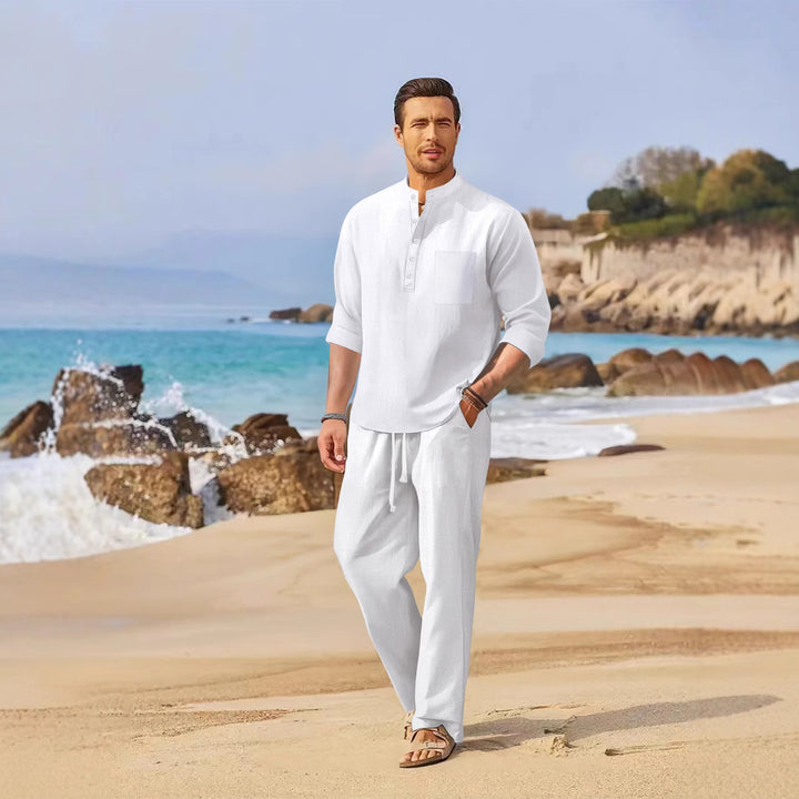 Men's relaxed beach suit with modern stand-up collar and practical pockets Lisslune