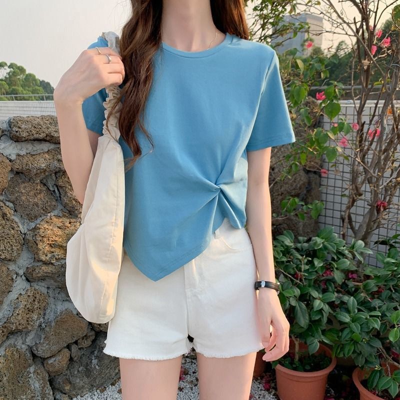 Ladies Cropped T-Shirt with decorative knot design and modern cut