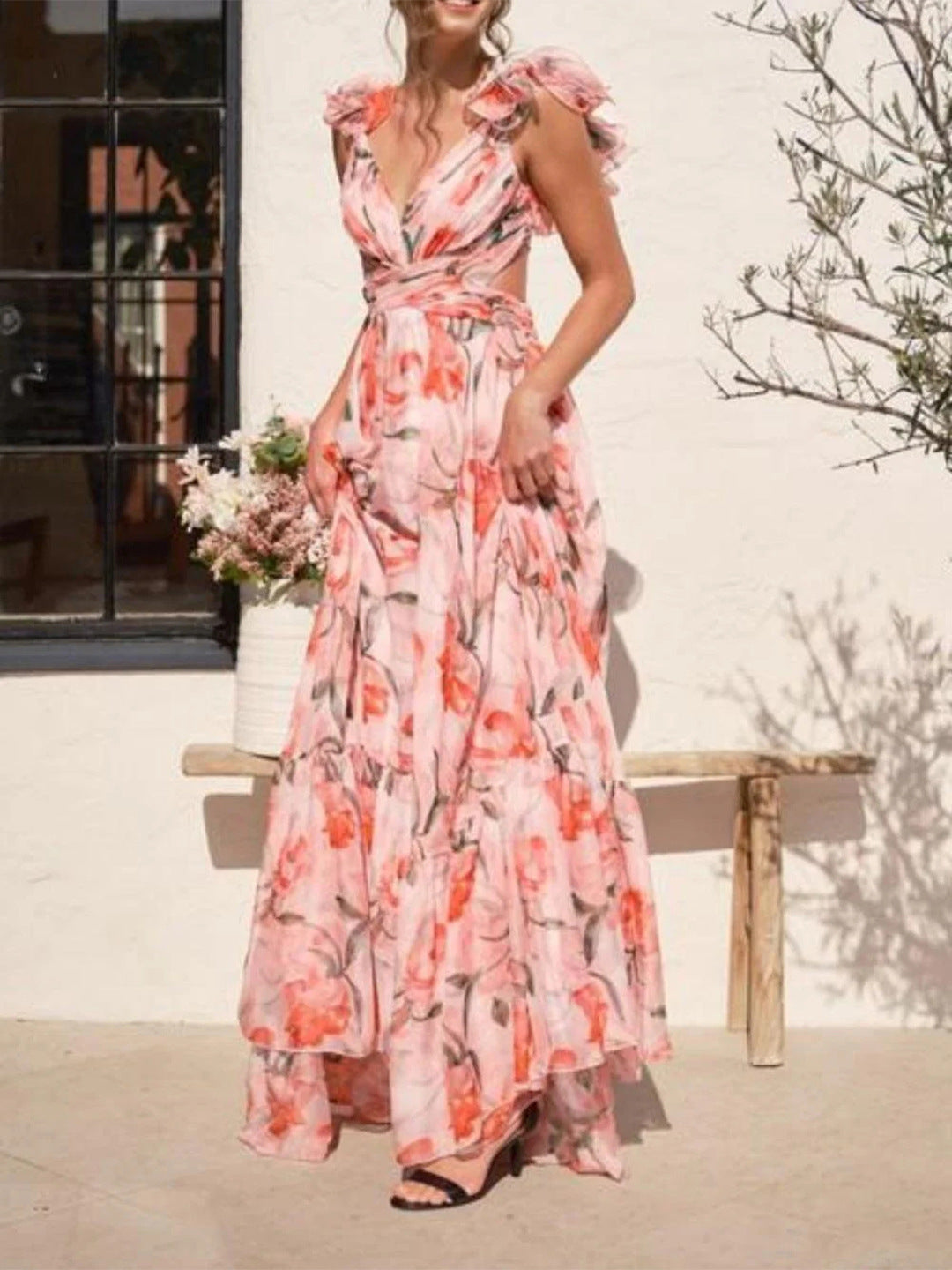 Women's maxi dress with airy ruffle details and extravagant wrap design