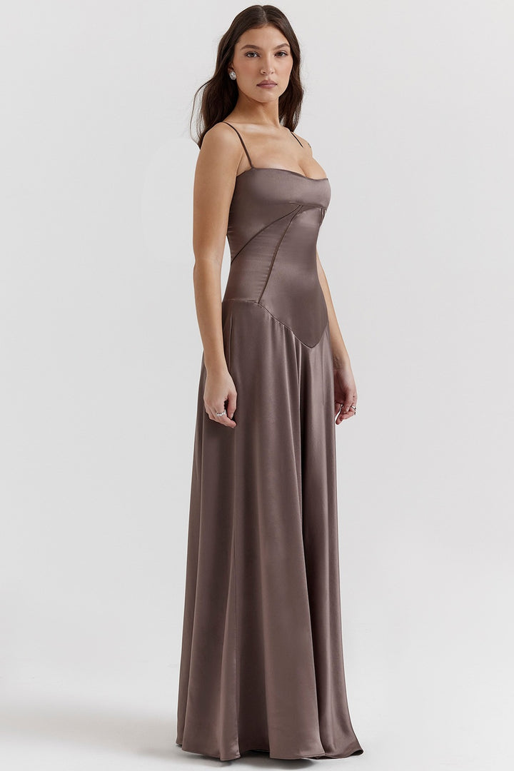 Women's Elegant Maxi Dress with Slim Spaghetti Straps and Flowing Satin Fall Lisslune