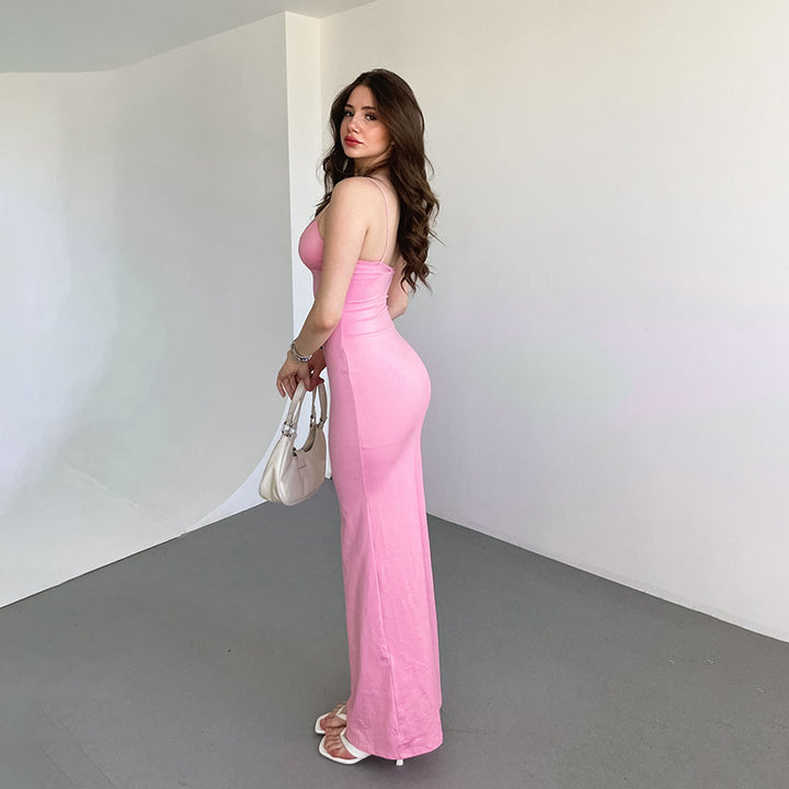Women’s fitted long dress with spaghetti straps and elegant neckline Lune London
