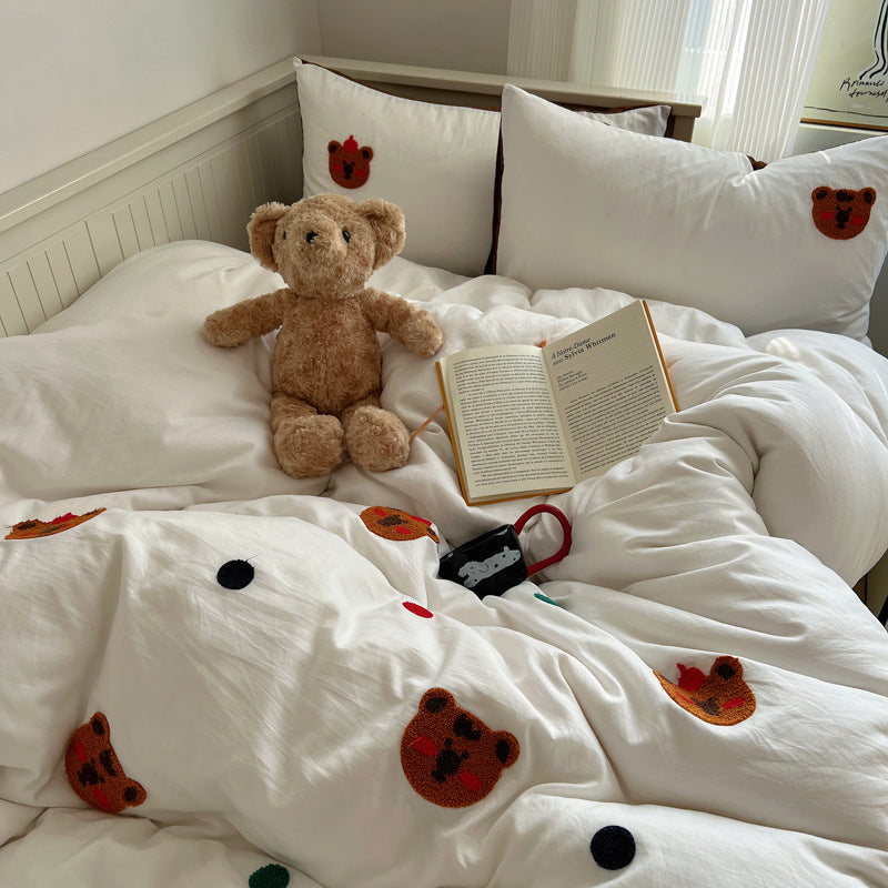 Rynx | Spring and Summer In the Girl's Heart Maillard Coffee Bear Towel Embroidered Washed Cotton Bed Sheet 1.5M Three or Four Piece Set 1.8