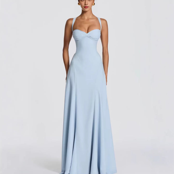 Ladies Elegant Maxi Dress with Heart-Shaped Neckline and Flowing Fabric