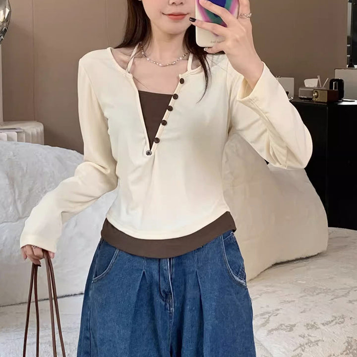 Women's Long Sleeve Shirt with Modern Button Placket Design and Casual Cut
