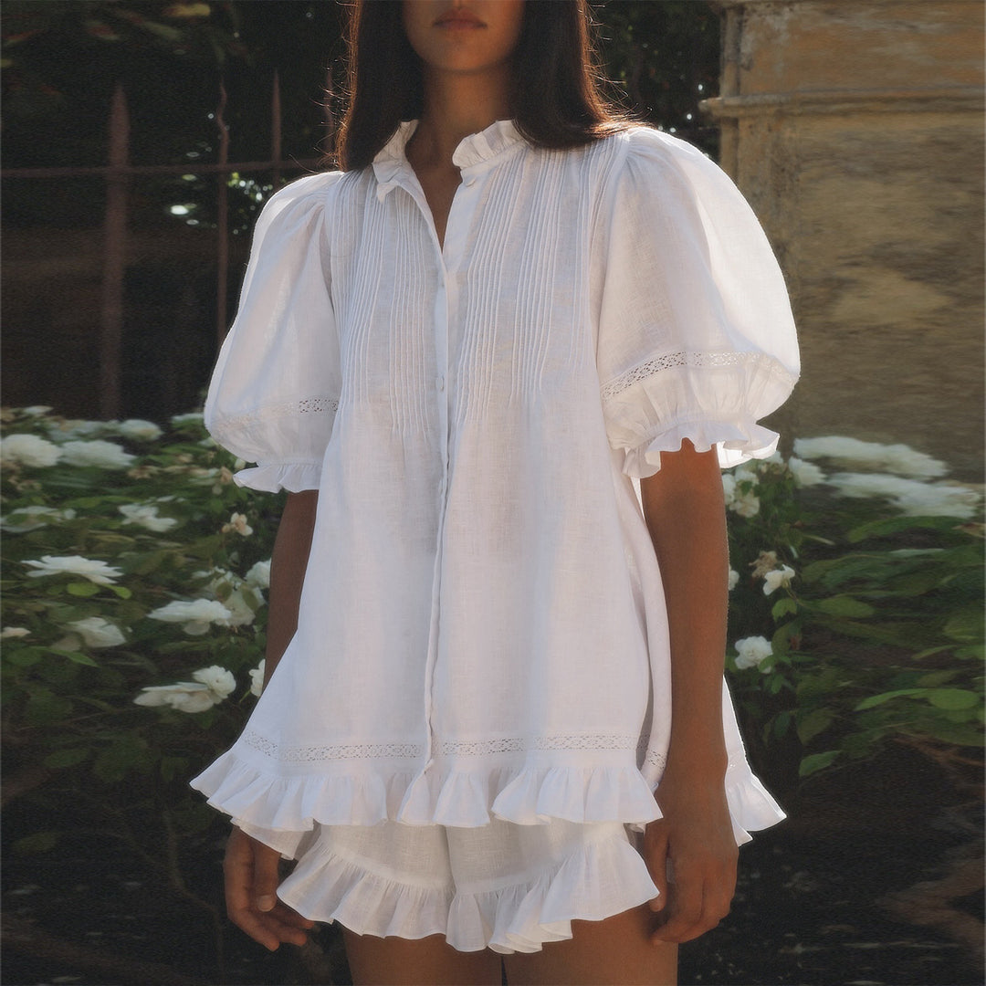 Women's short blouse dress with voluminous puff sleeves and ruffle hem Lisslune