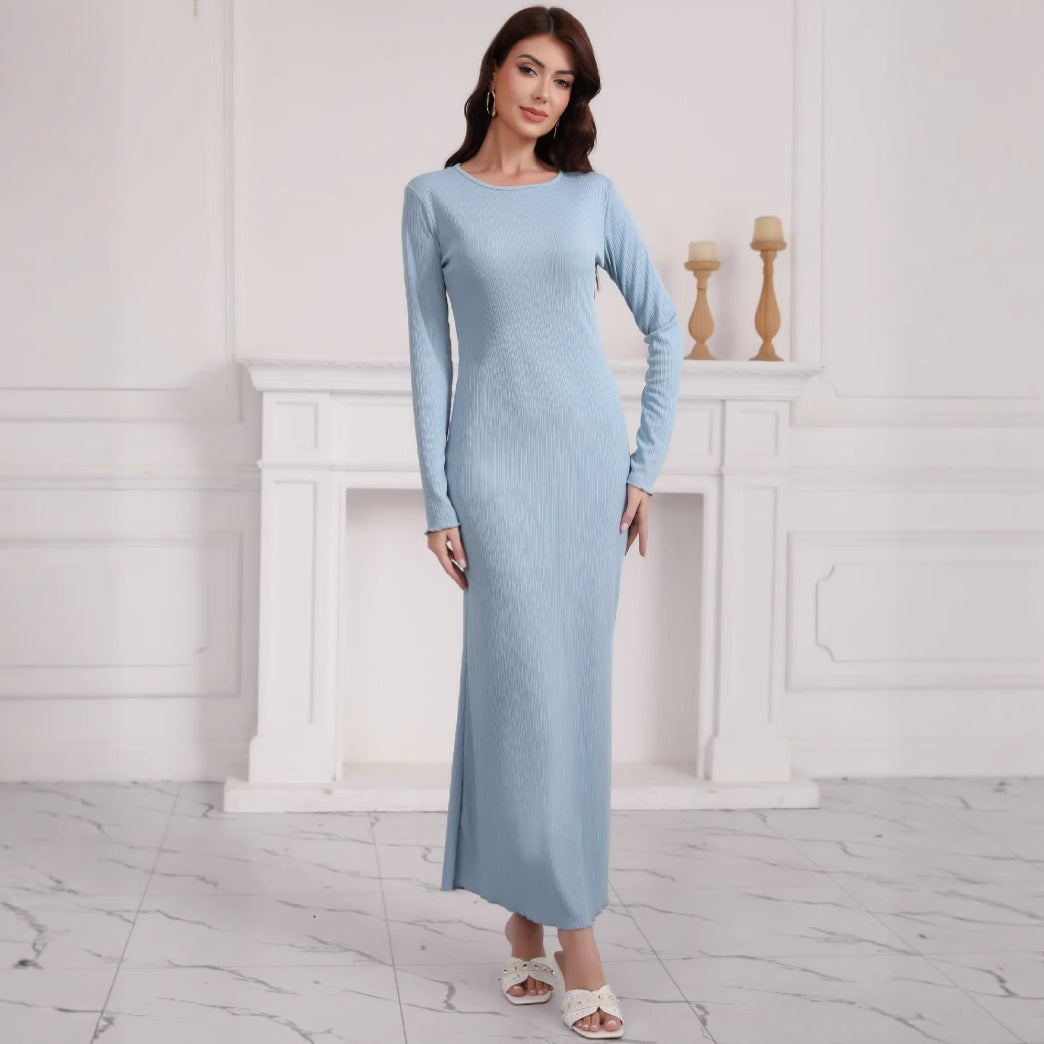 Women's Long Sleeve Maxi Dress made of high-quality ribbed knit fabric with elegant slit