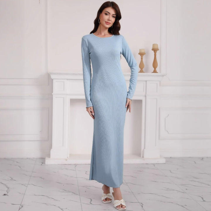 Women's Long Sleeve Maxi Dress made of high-quality ribbed knit fabric with elegant slit