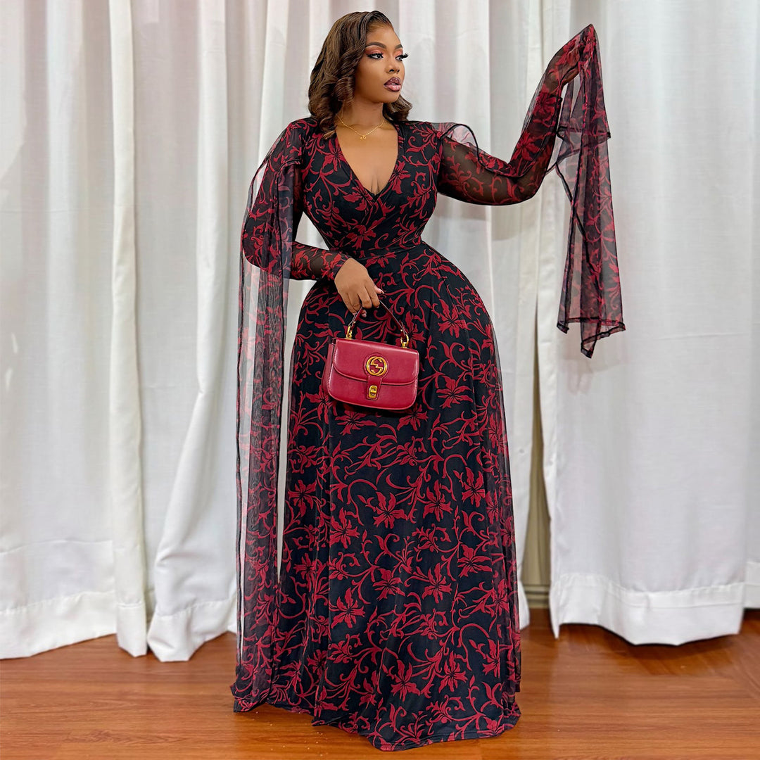 Women's maxi dress with floral transparent design and elegant sleeves Lisslune
