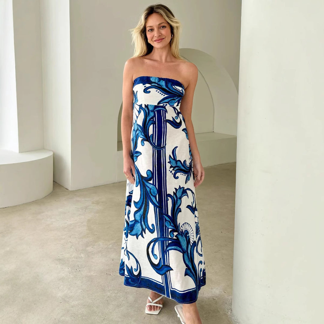 Women's Bandeau Maxi Dress with Elegant Floral Print and Flowing Cut
