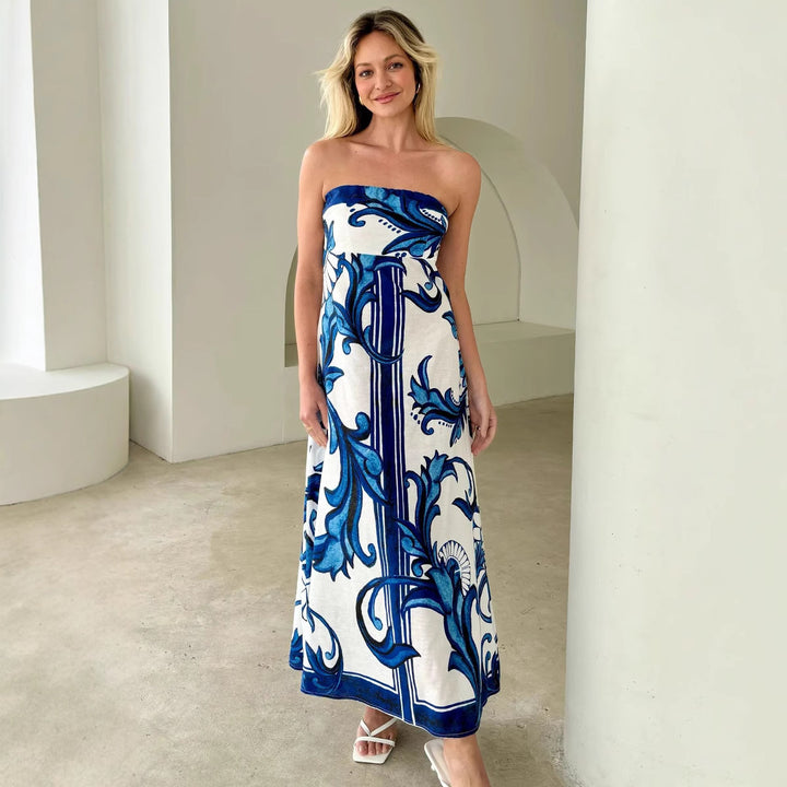 Women's Bandeau Maxi Dress with Elegant Floral Print and Flowing Cut