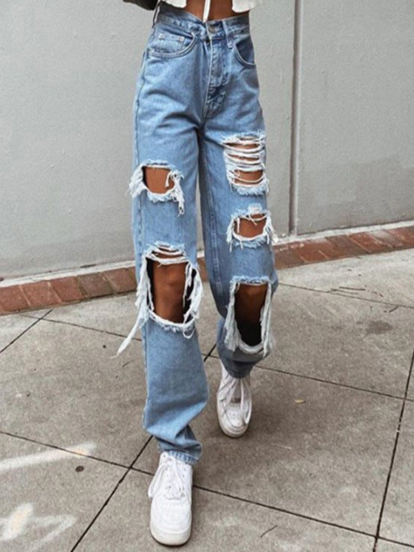 Ladies Casual Destroyed Jeans with Wide Leg Lisslune