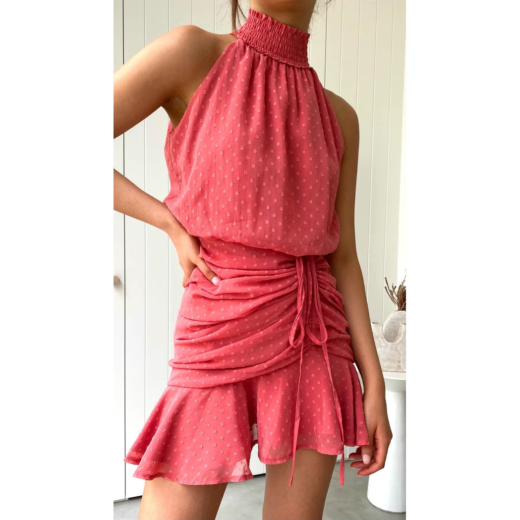 Women's mini dress with luxurious collar, side gathering, and flowing skirt